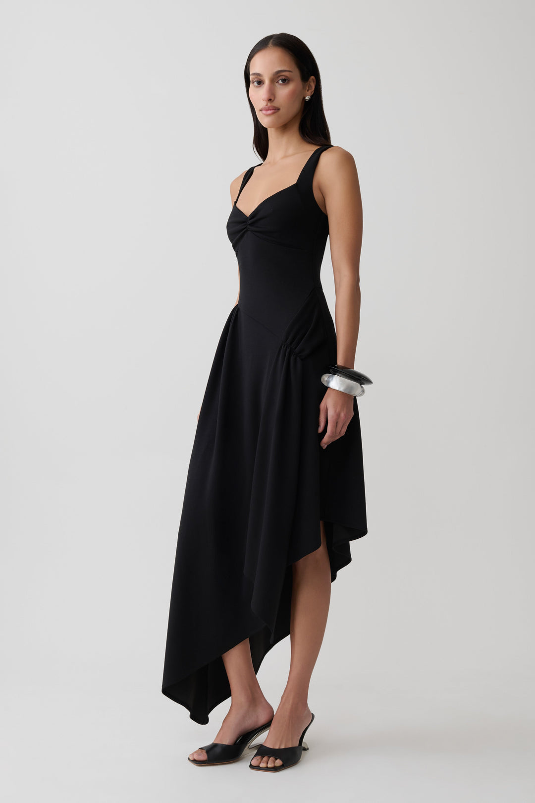 Glamcroft Midi Dress with Asymmetric Hem and Sweetheart Neckline