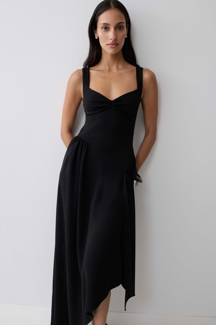 Glamcroft Midi Dress with Asymmetric Hem and Sweetheart Neckline