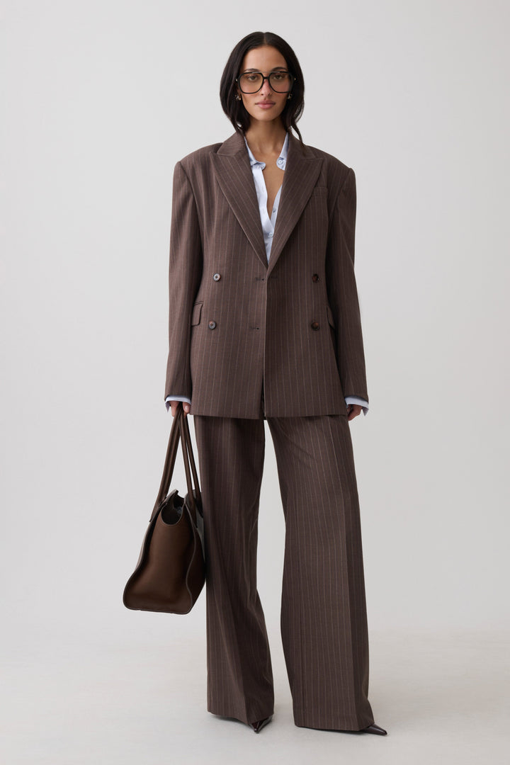 Glamcroft Double Breasted Blazer with Notched Lapel - Brown Stripe