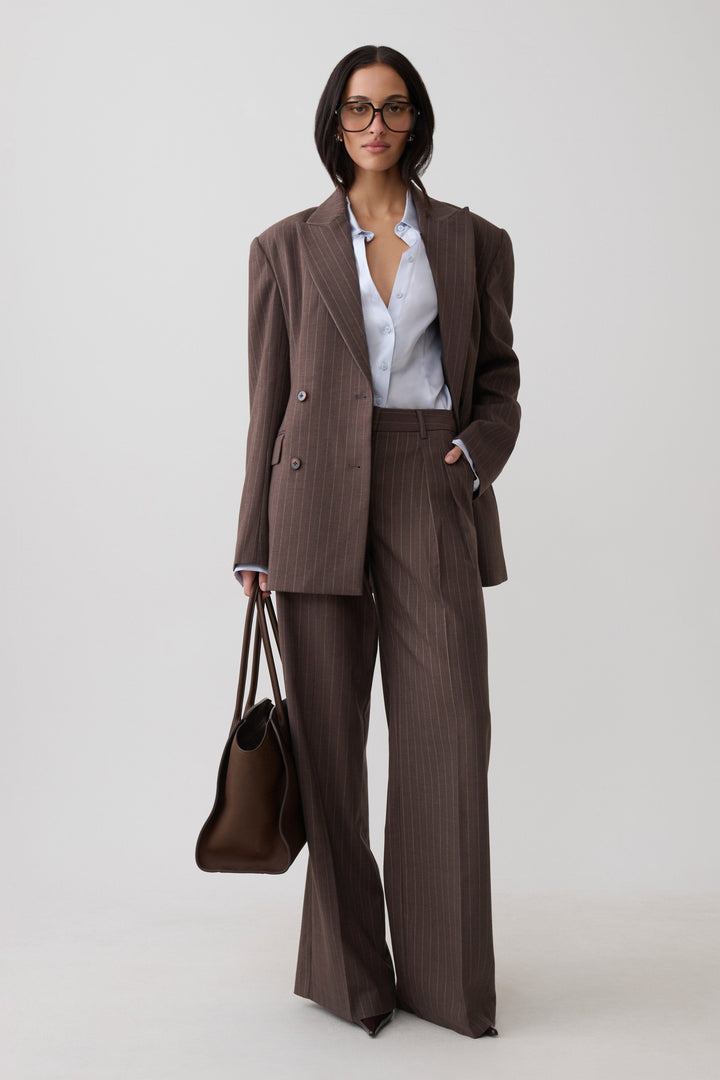 Glamcroft Double Breasted Blazer with Notched Lapel - Brown Stripe