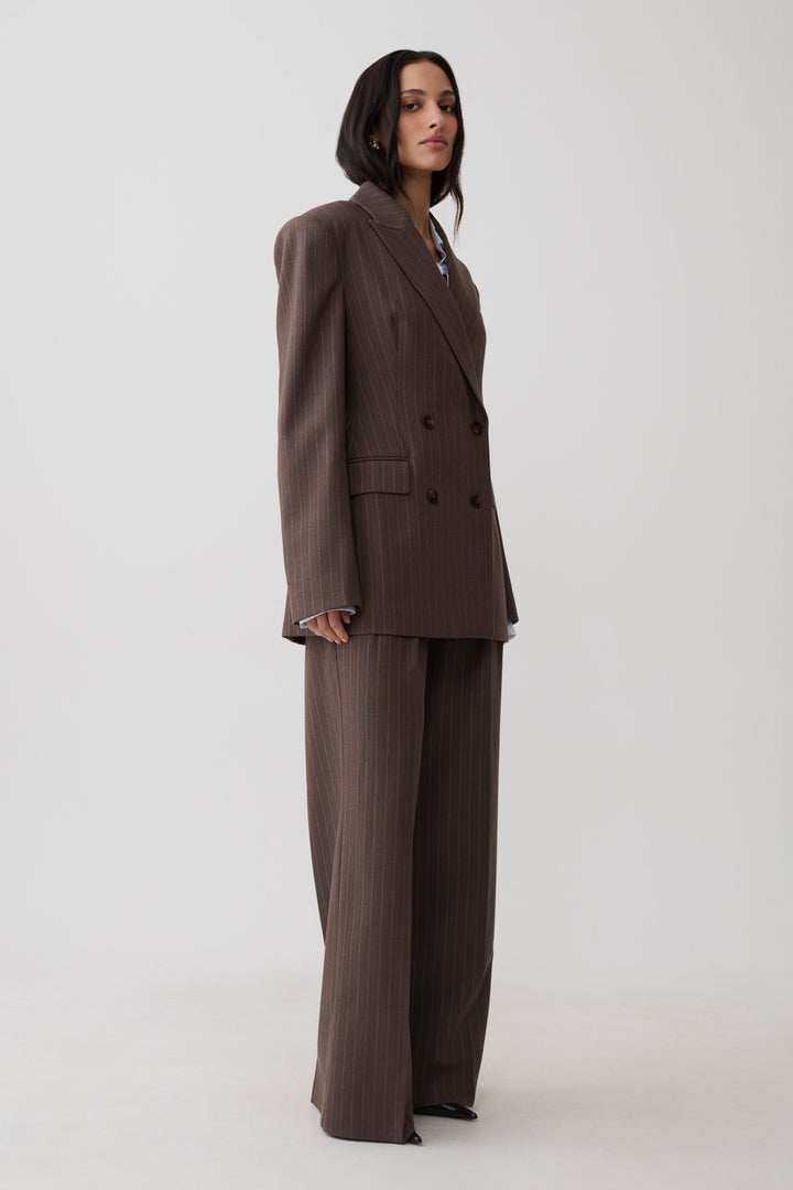 Glamcroft Double Breasted Blazer with Notched Lapel - Brown Stripe