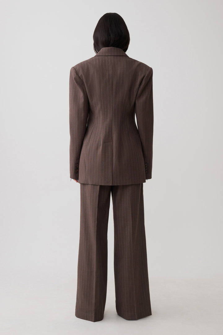 Glamcroft Double Breasted Blazer with Notched Lapel - Brown Stripe
