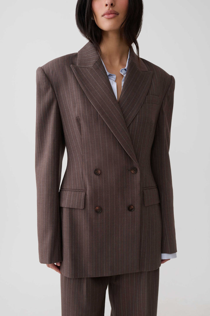 Glamcroft Double Breasted Blazer with Notched Lapel - Brown Stripe
