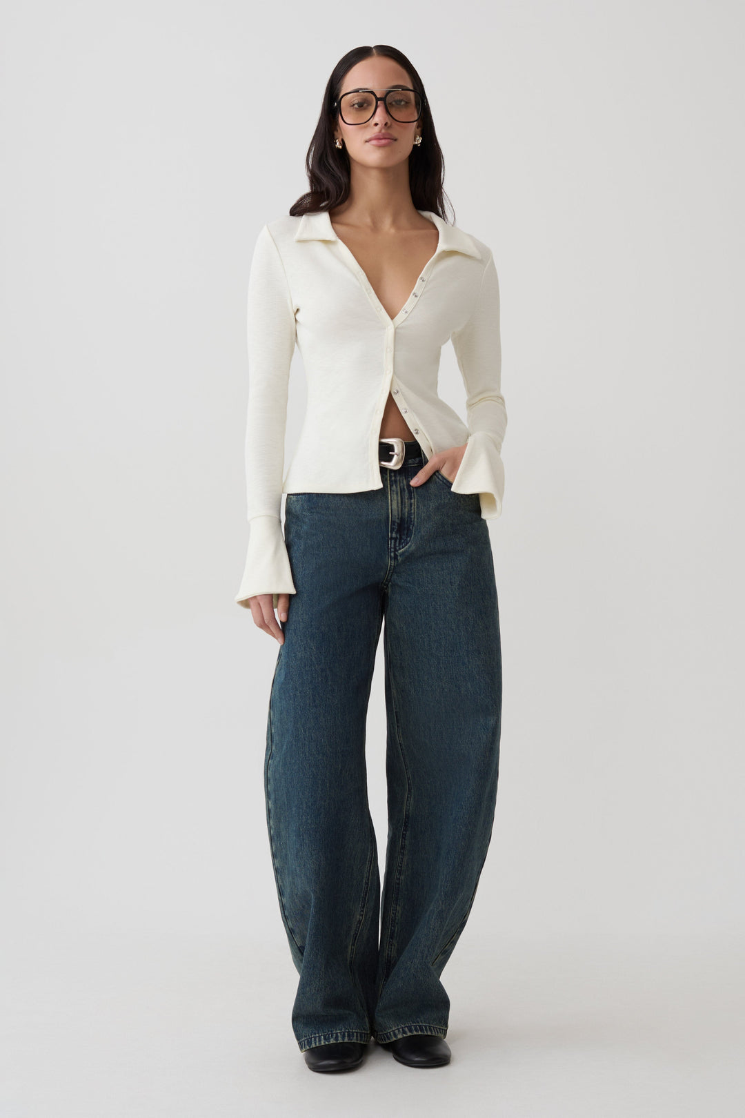 Glamcroft Button Down Long Sleeve Top with Clean Collar - Ivory