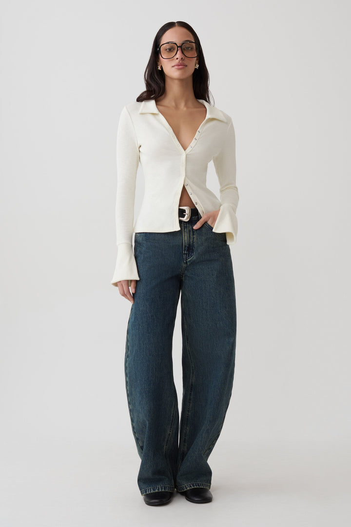 Glamcroft Button Down Long Sleeve Top with Clean Collar - Ivory