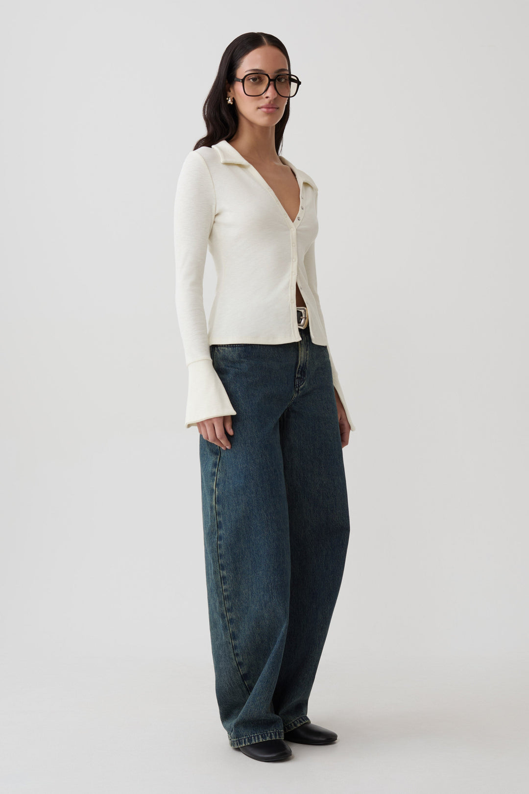 Glamcroft Button Down Long Sleeve Top with Clean Collar - Ivory