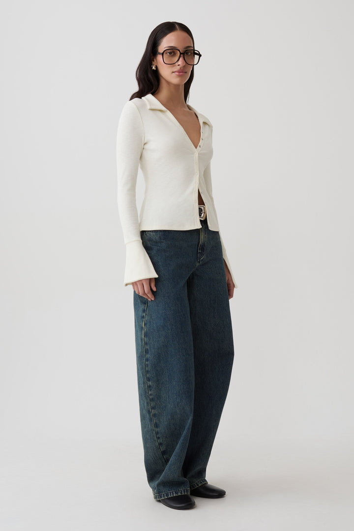 Glamcroft Button Down Long Sleeve Top with Clean Collar - Ivory