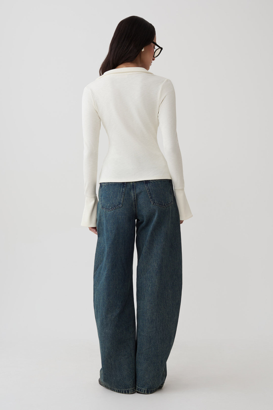 Glamcroft Button Down Long Sleeve Top with Clean Collar - Ivory