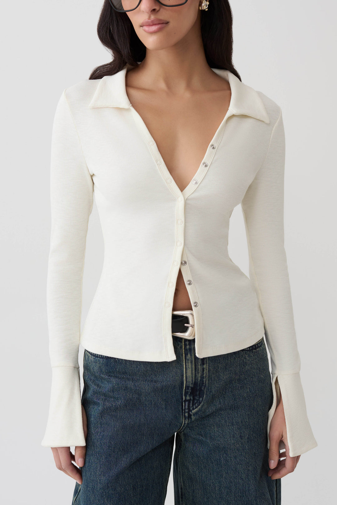 Glamcroft Button Down Long Sleeve Top with Clean Collar - Ivory
