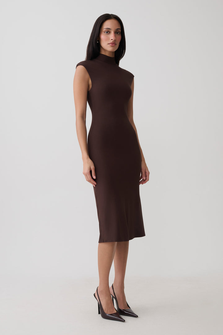 Glamcroft Sleeveless Roll Neck Midi Dress in Dark Chocolate