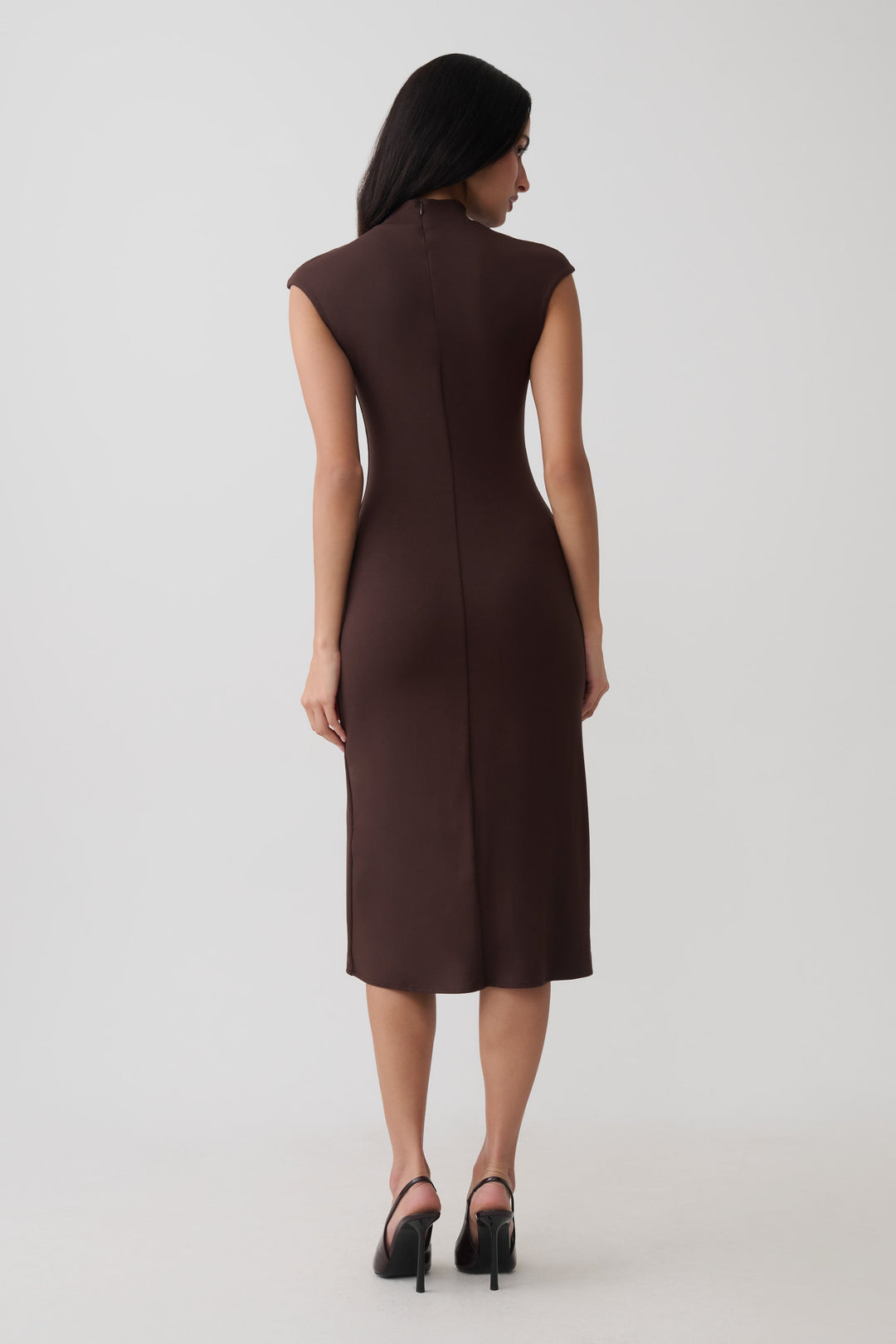 Glamcroft Sleeveless Roll Neck Midi Dress in Dark Chocolate