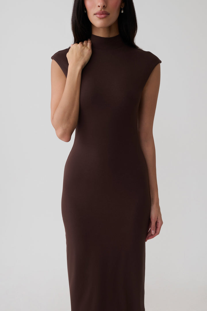 Glamcroft Sleeveless Roll Neck Midi Dress in Dark Chocolate
