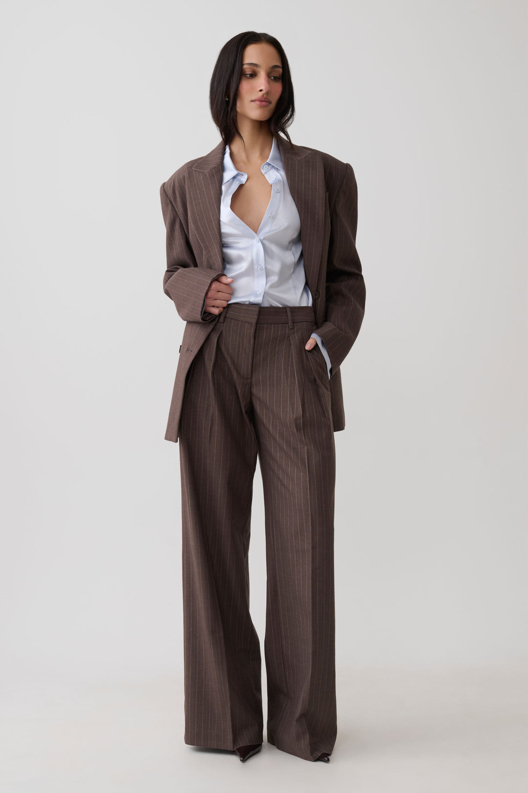 Glamcroft Pants Brown Stripe Straight Leg High Rise Fit