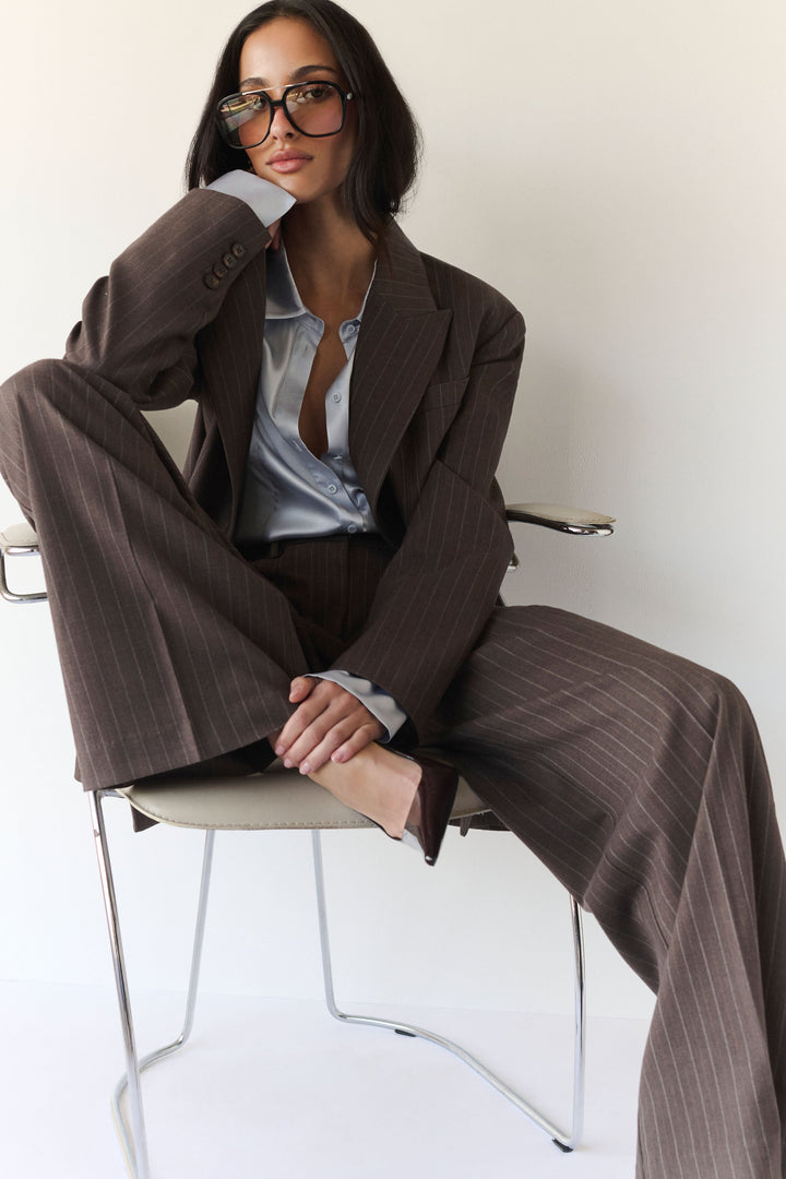 Glamcroft Pants Brown Stripe Straight Leg High Rise Fit