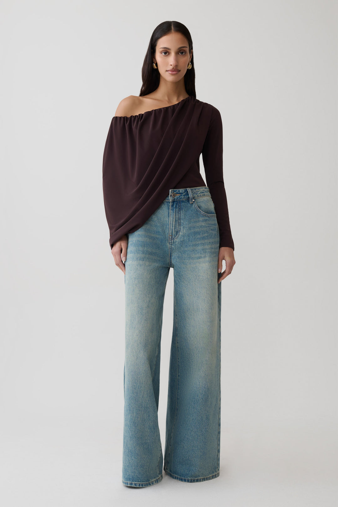 Glamcroft Top Long Sleeve Off Shoulder Draped Chocolate