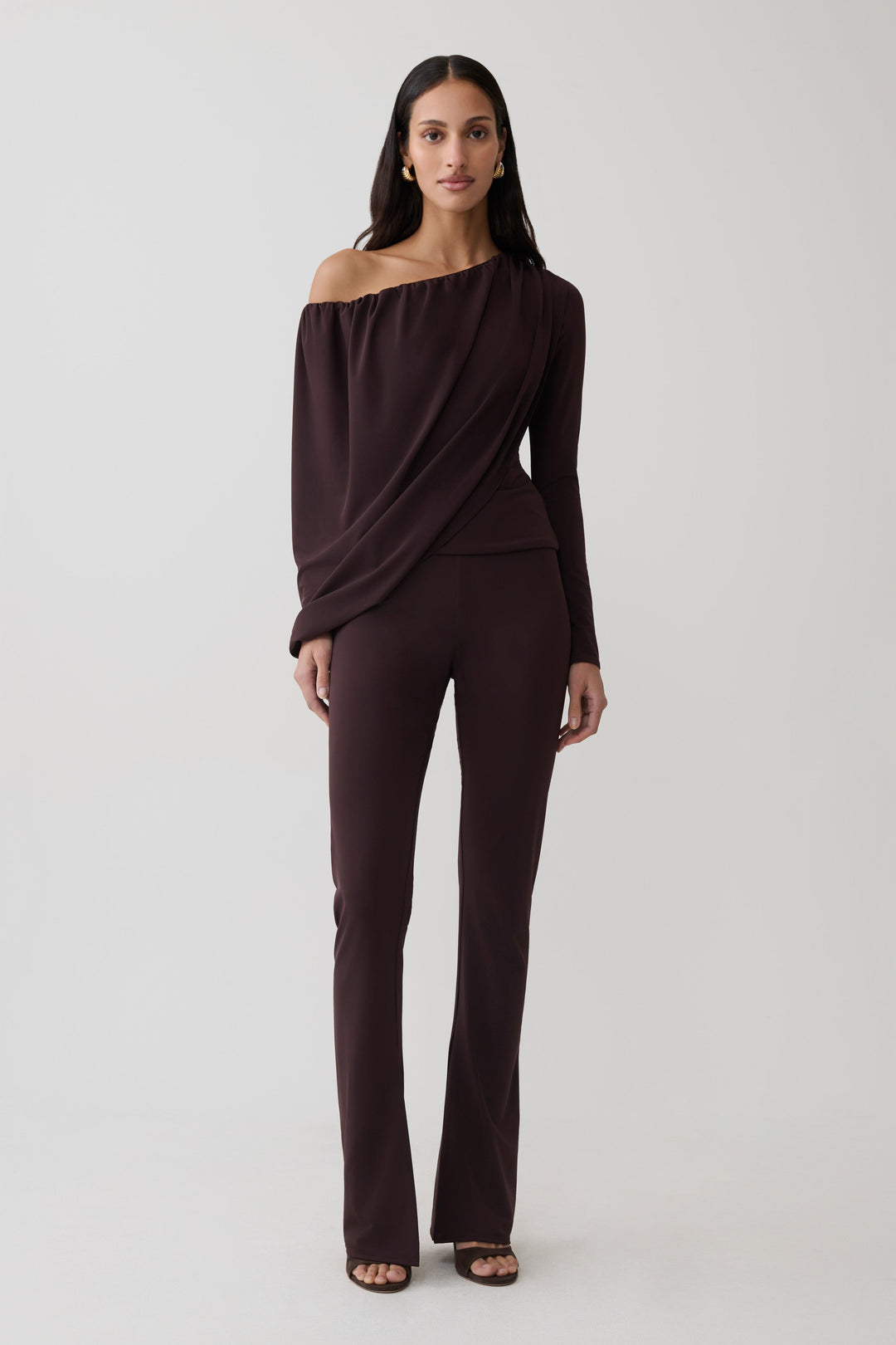 Glamcroft Top Long Sleeve Off Shoulder Draped Chocolate