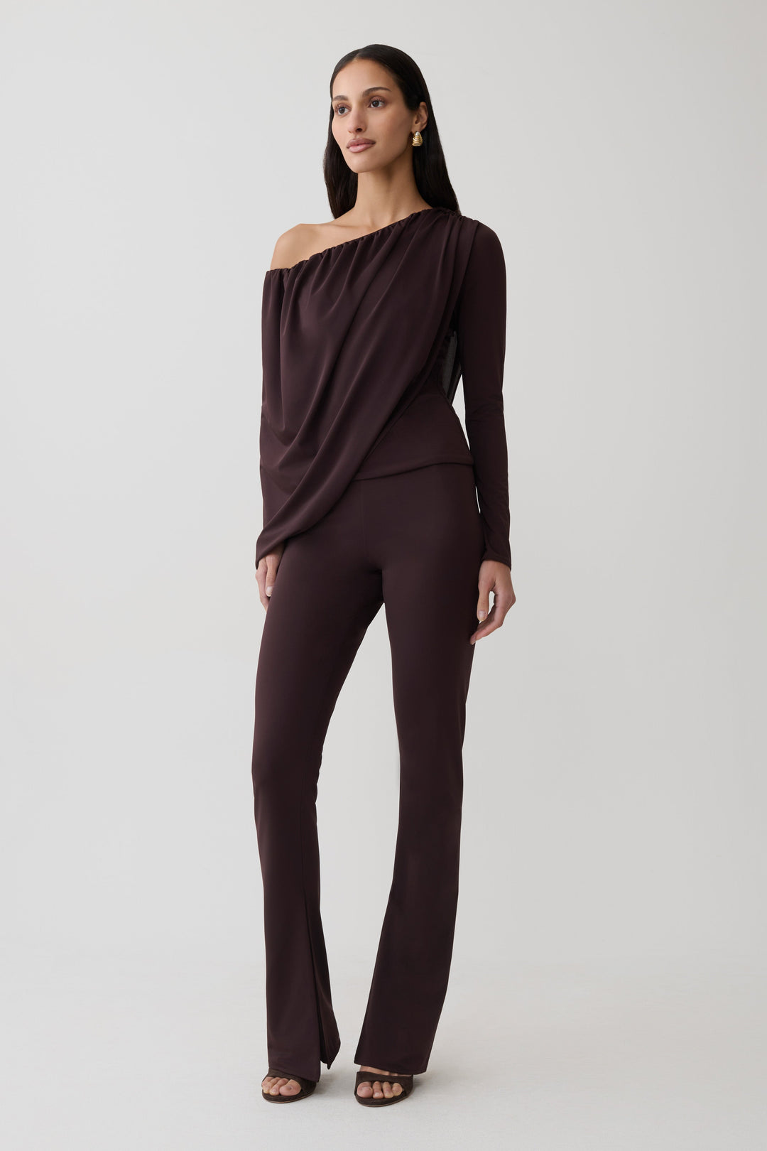 Glamcroft Top Long Sleeve Off Shoulder Draped Chocolate