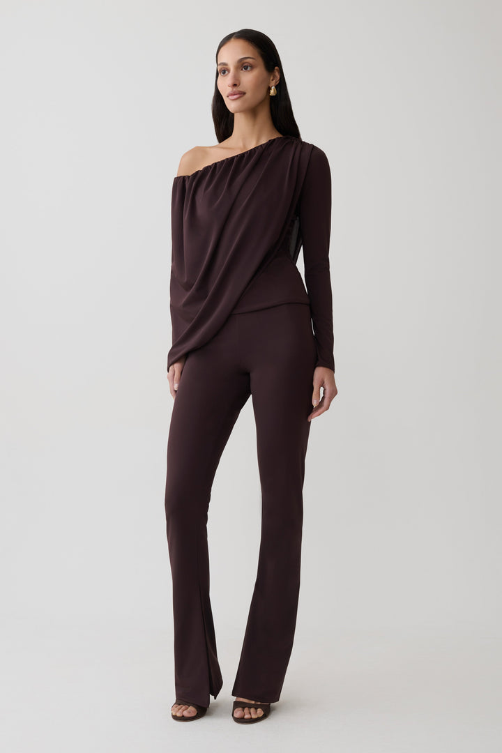 Glamcroft Top Long Sleeve Off Shoulder Draped Chocolate