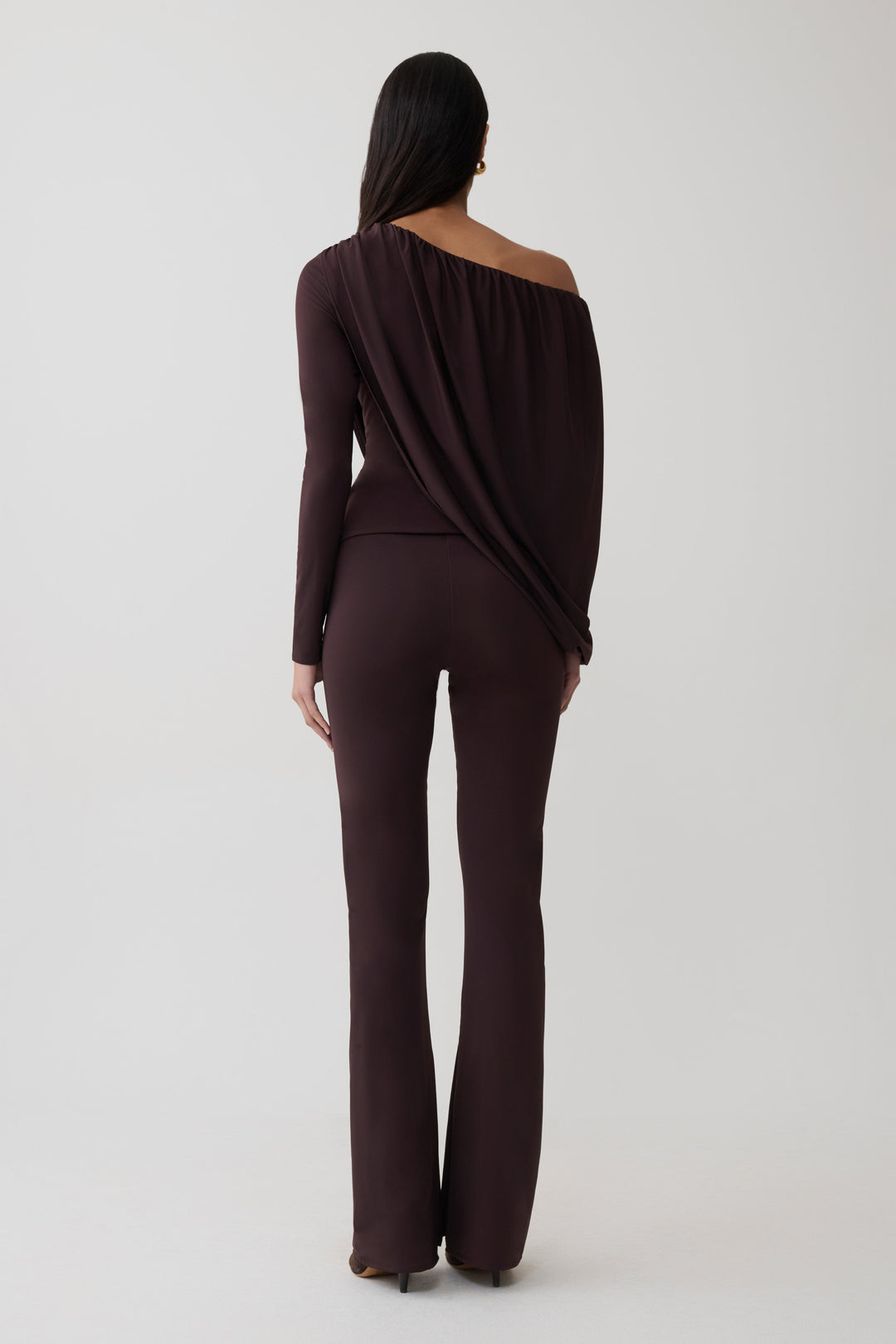 Glamcroft Top Long Sleeve Off Shoulder Draped Chocolate
