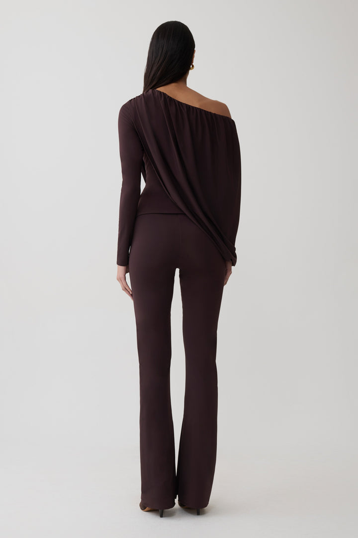 Glamcroft Top Long Sleeve Off Shoulder Draped Chocolate