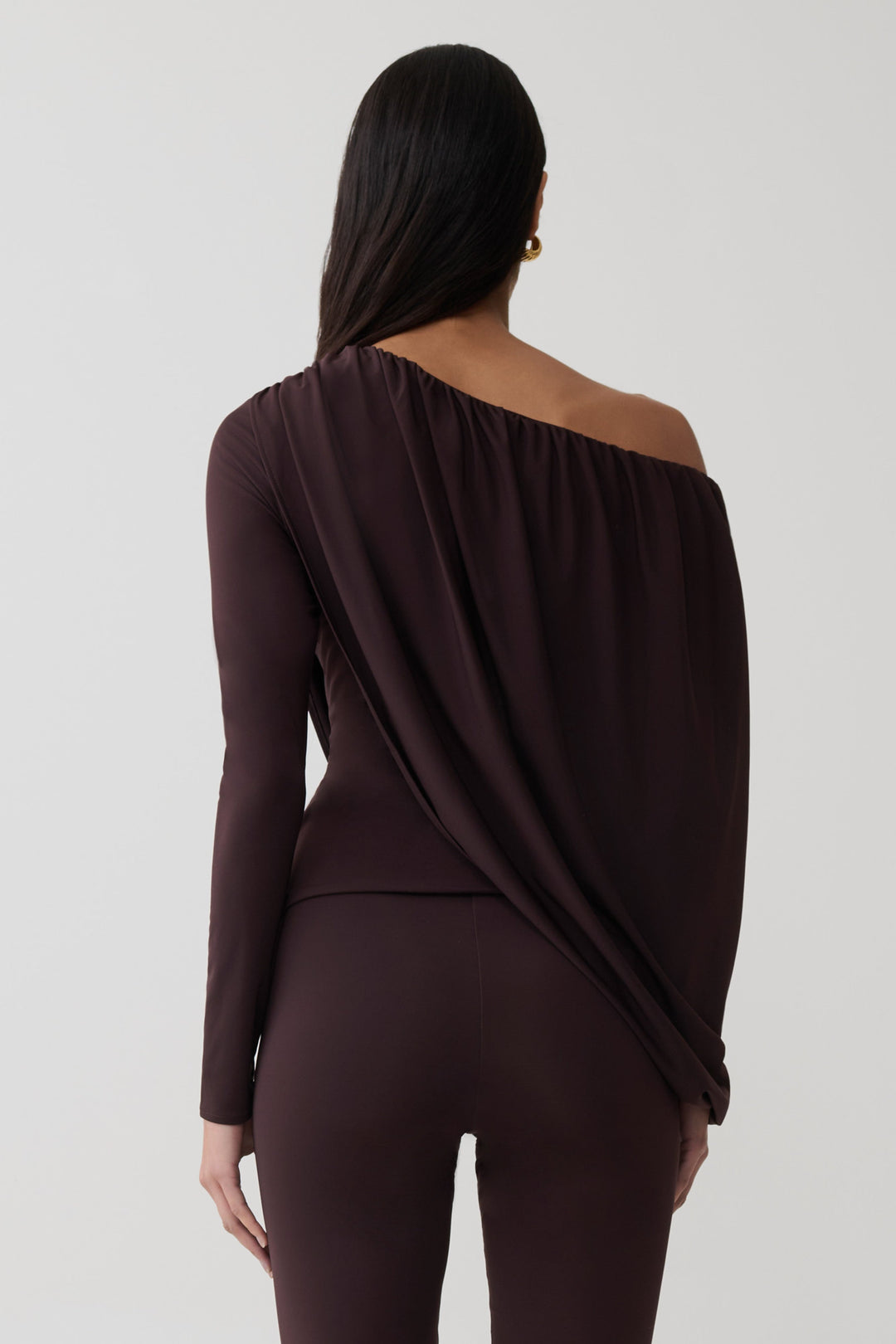 Glamcroft Top Long Sleeve Off Shoulder Draped Chocolate
