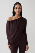 Glamcroft Top Long Sleeve Off Shoulder Draped Chocolate