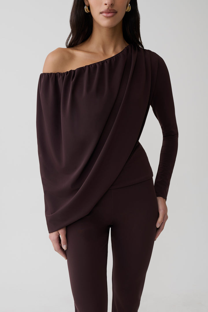 Glamcroft Top Long Sleeve Off Shoulder Draped Chocolate
