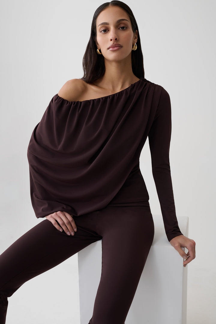 Glamcroft Top Long Sleeve Off Shoulder Draped Chocolate