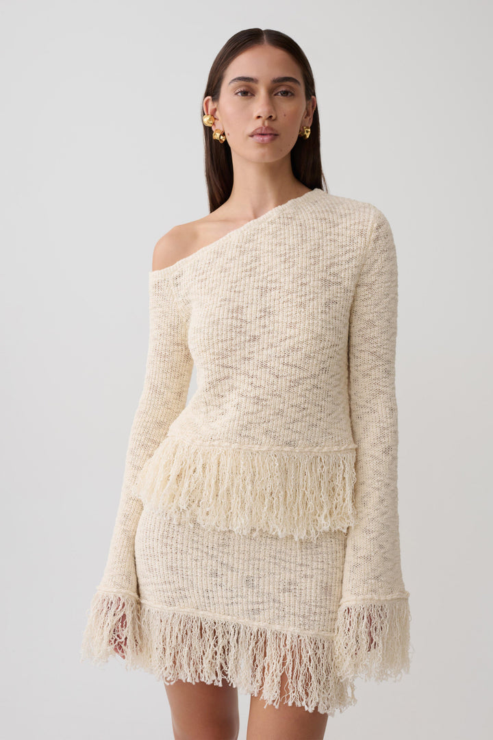 Glamcroft Long Sleeve Top with Fringe Detail - Cream