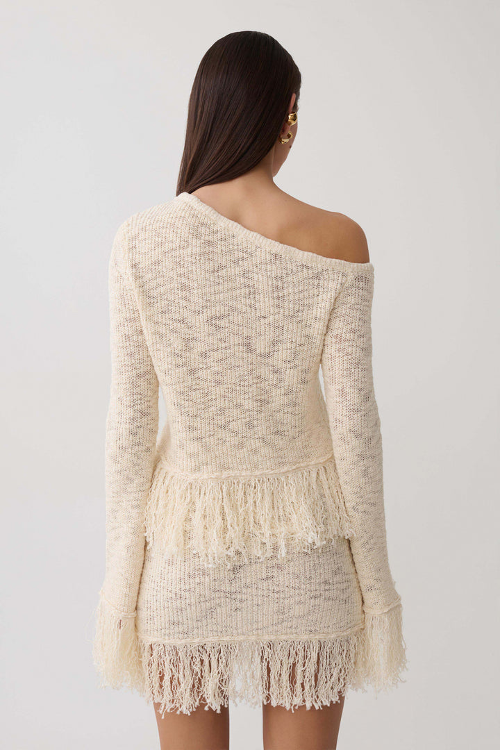 Glamcroft Long Sleeve Top with Fringe Detail - Cream