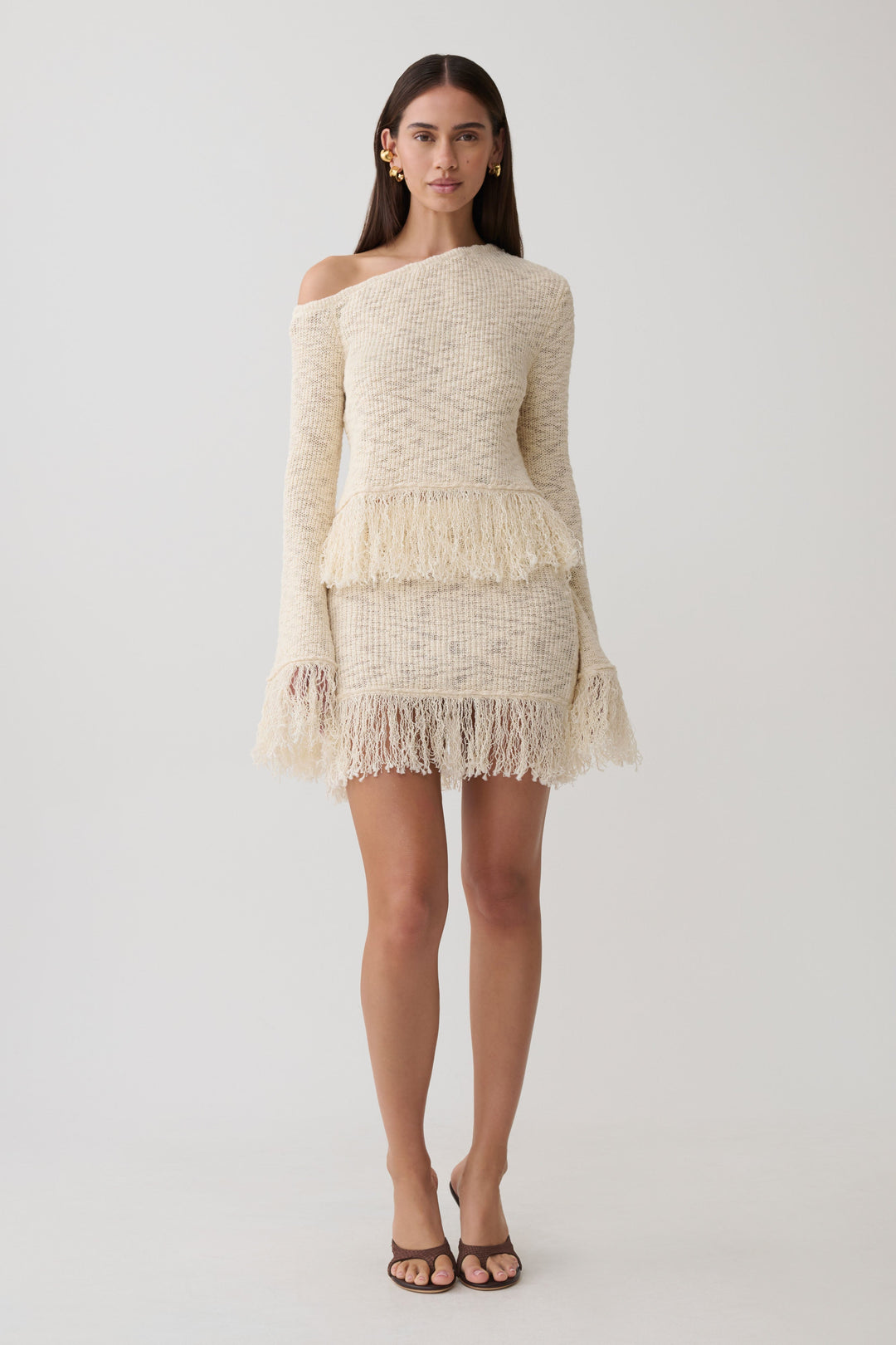 Glamcroft Long Sleeve Top with Fringe Detail - Cream