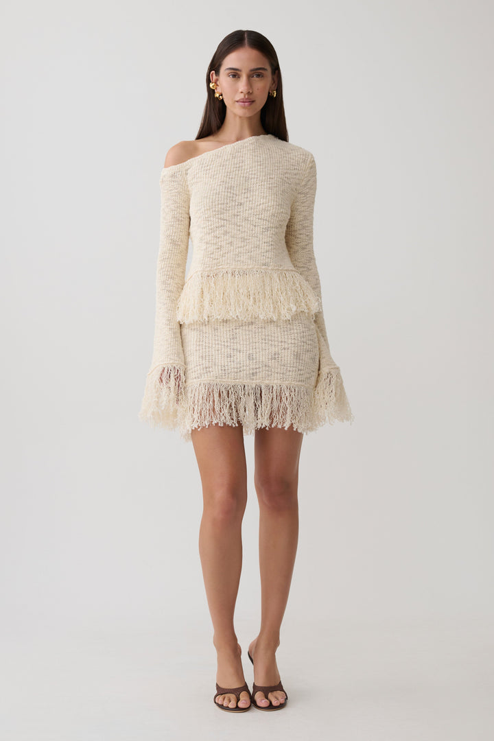 Glamcroft Long Sleeve Top with Fringe Detail - Cream