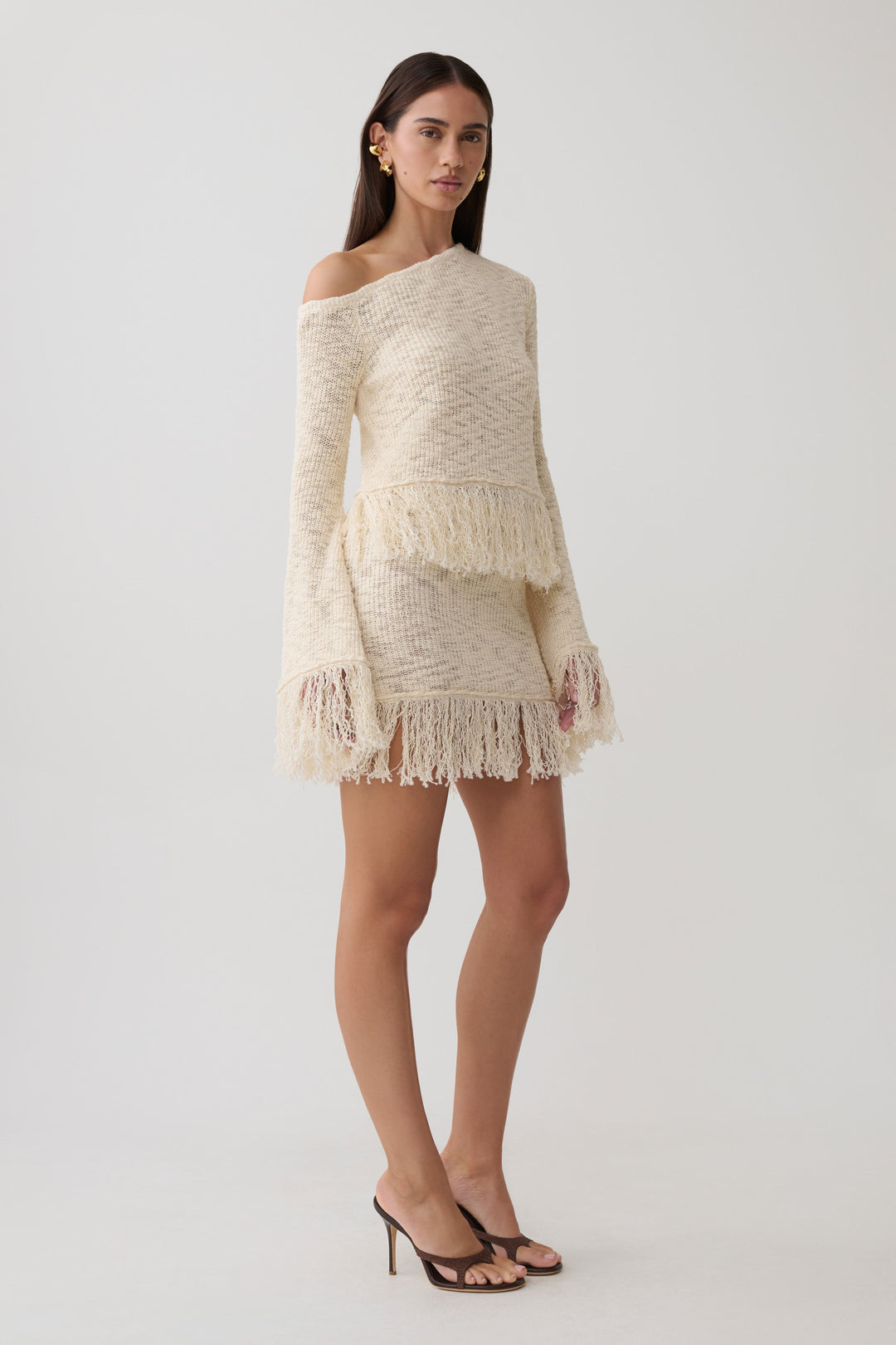 Glamcroft Long Sleeve Top with Fringe Detail - Cream