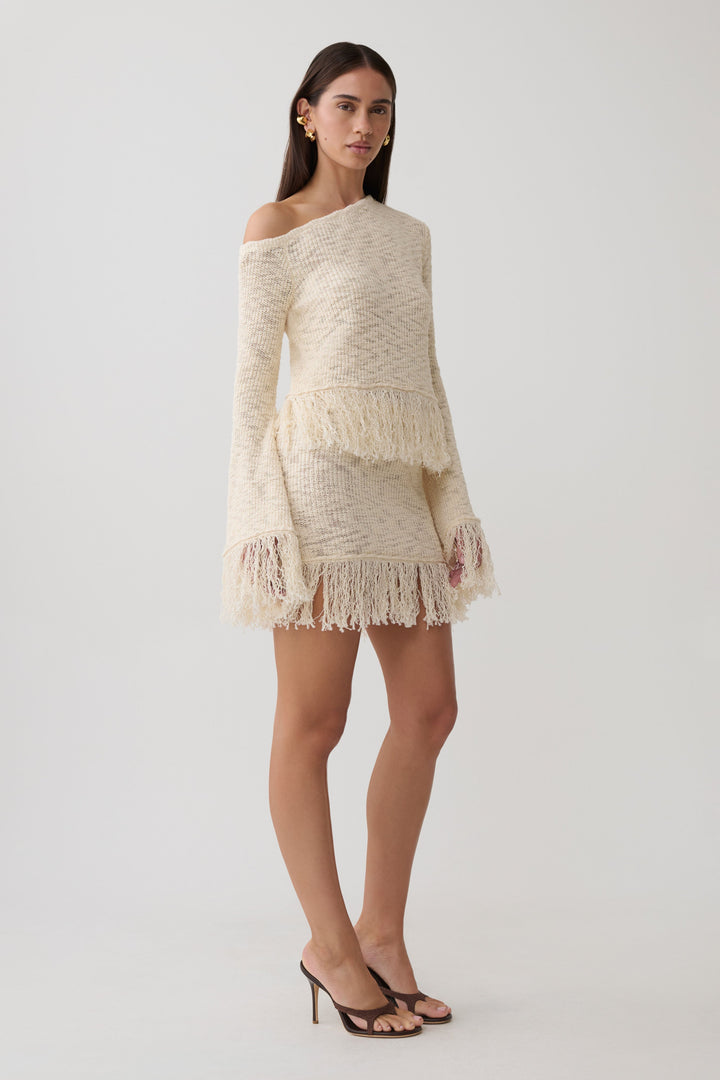 Glamcroft Long Sleeve Top with Fringe Detail - Cream