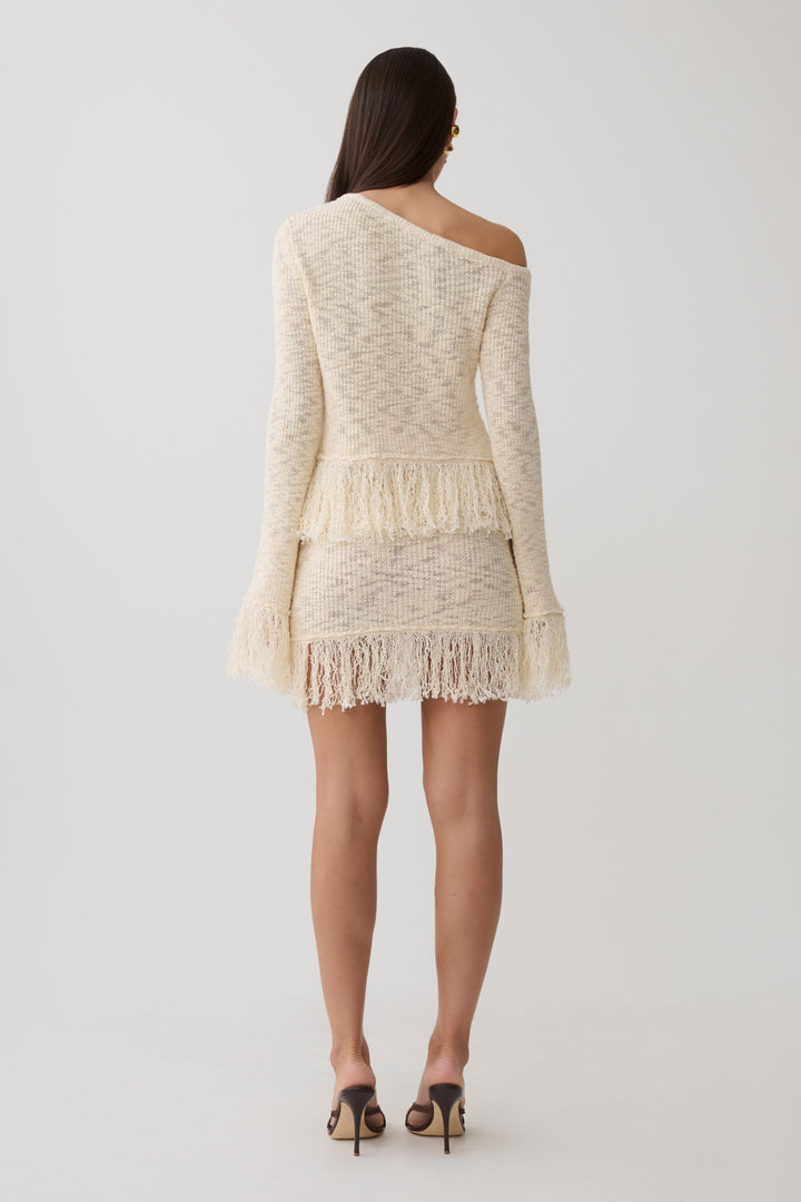 Glamcroft Long Sleeve Top with Fringe Detail - Cream