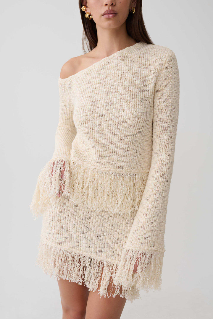 Glamcroft Long Sleeve Top with Fringe Detail - Cream