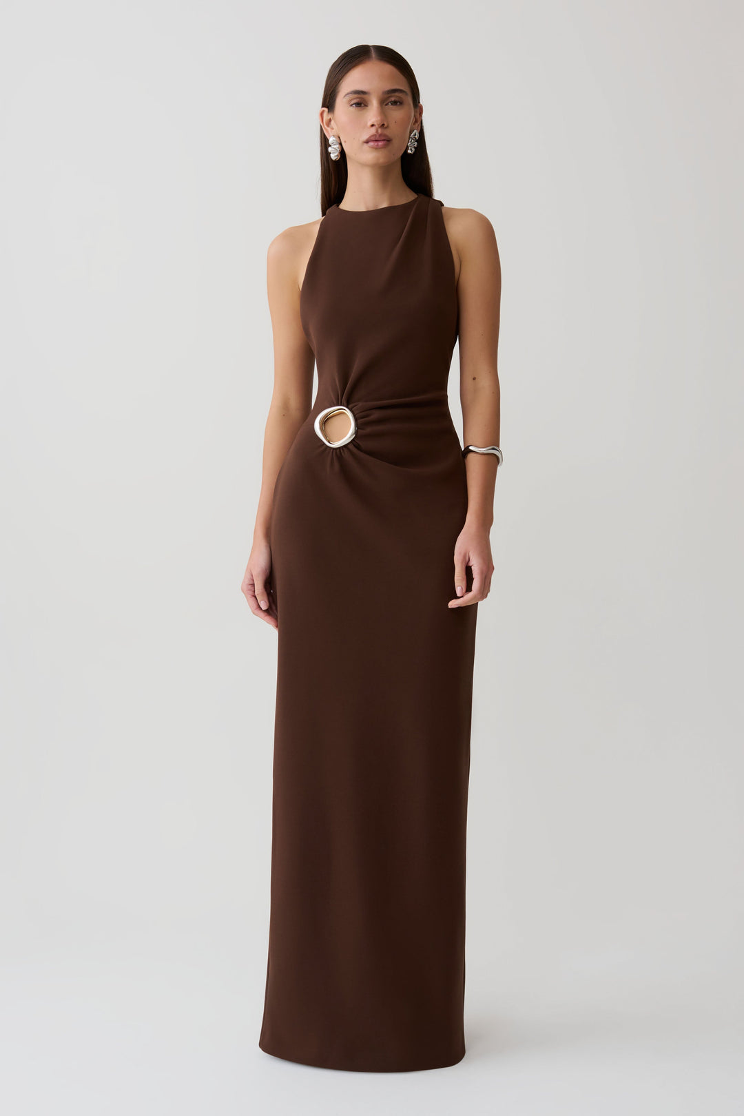 Glamcroft Maxi Dress with Asymmetrical Tuck Detail in Dark Chocolate