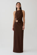 Glamcroft Maxi Dress with Asymmetrical Tuck Detail in Dark Chocolate