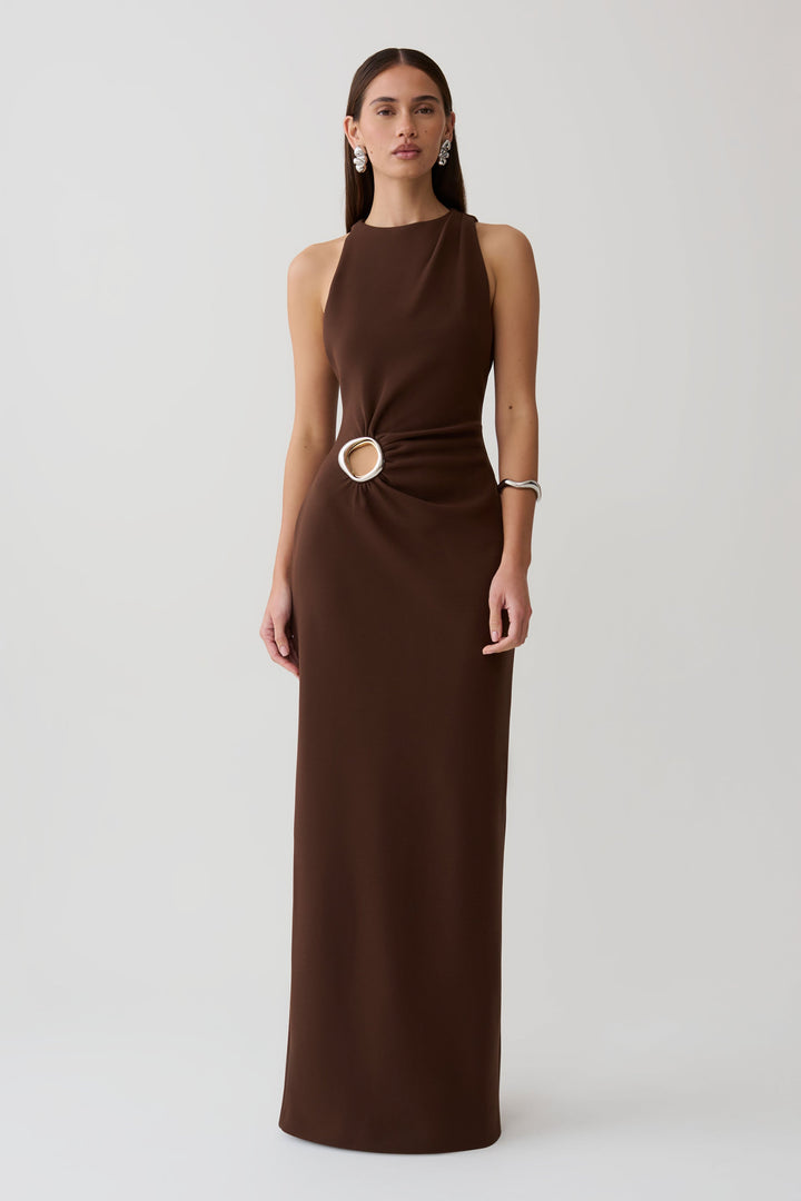 Glamcroft Maxi Dress with Asymmetrical Tuck Detail in Dark Chocolate
