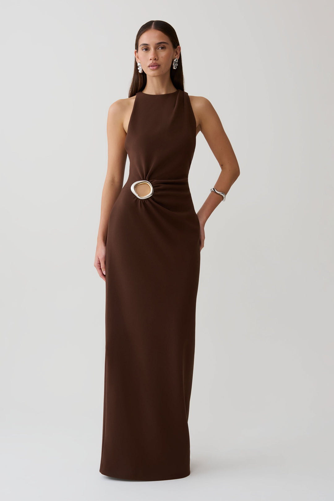 Glamcroft Maxi Dress with Asymmetrical Tuck Detail in Dark Chocolate