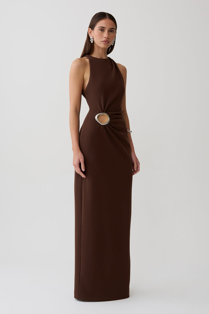 Glamcroft Maxi Dress with Asymmetrical Tuck Detail in Dark Chocolate