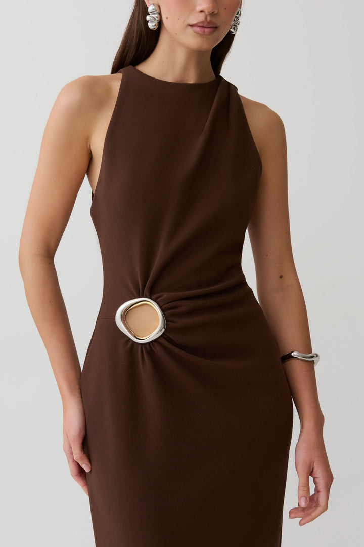 Glamcroft Maxi Dress with Asymmetrical Tuck Detail in Dark Chocolate