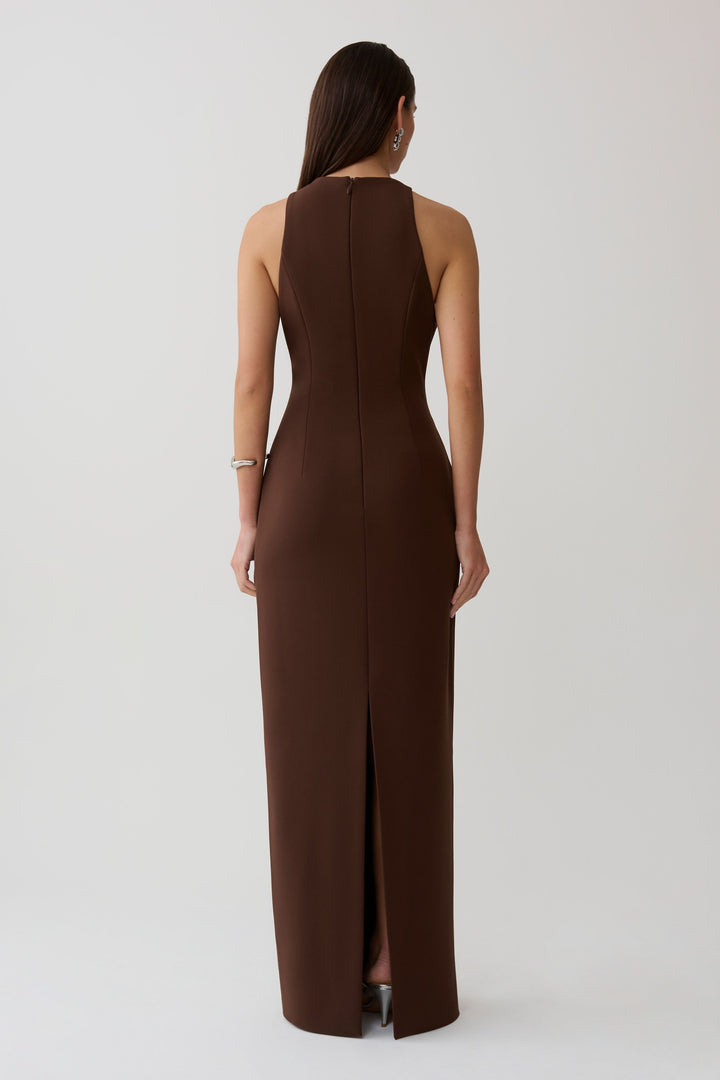 Glamcroft Maxi Dress with Asymmetrical Tuck Detail in Dark Chocolate