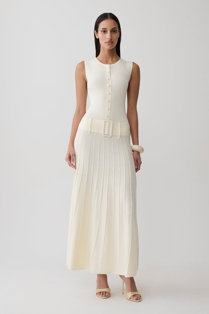 Glamcroft Midi Dress with Pleated Skirt and Boat Neck in Ivory