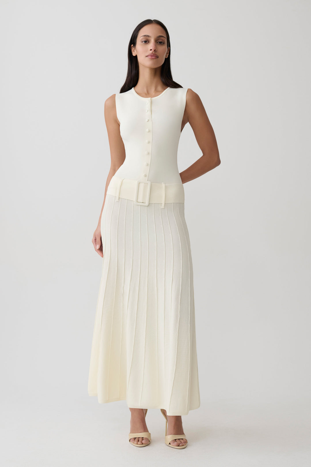 Glamcroft Midi Dress with Pleated Skirt and Boat Neck in Ivory