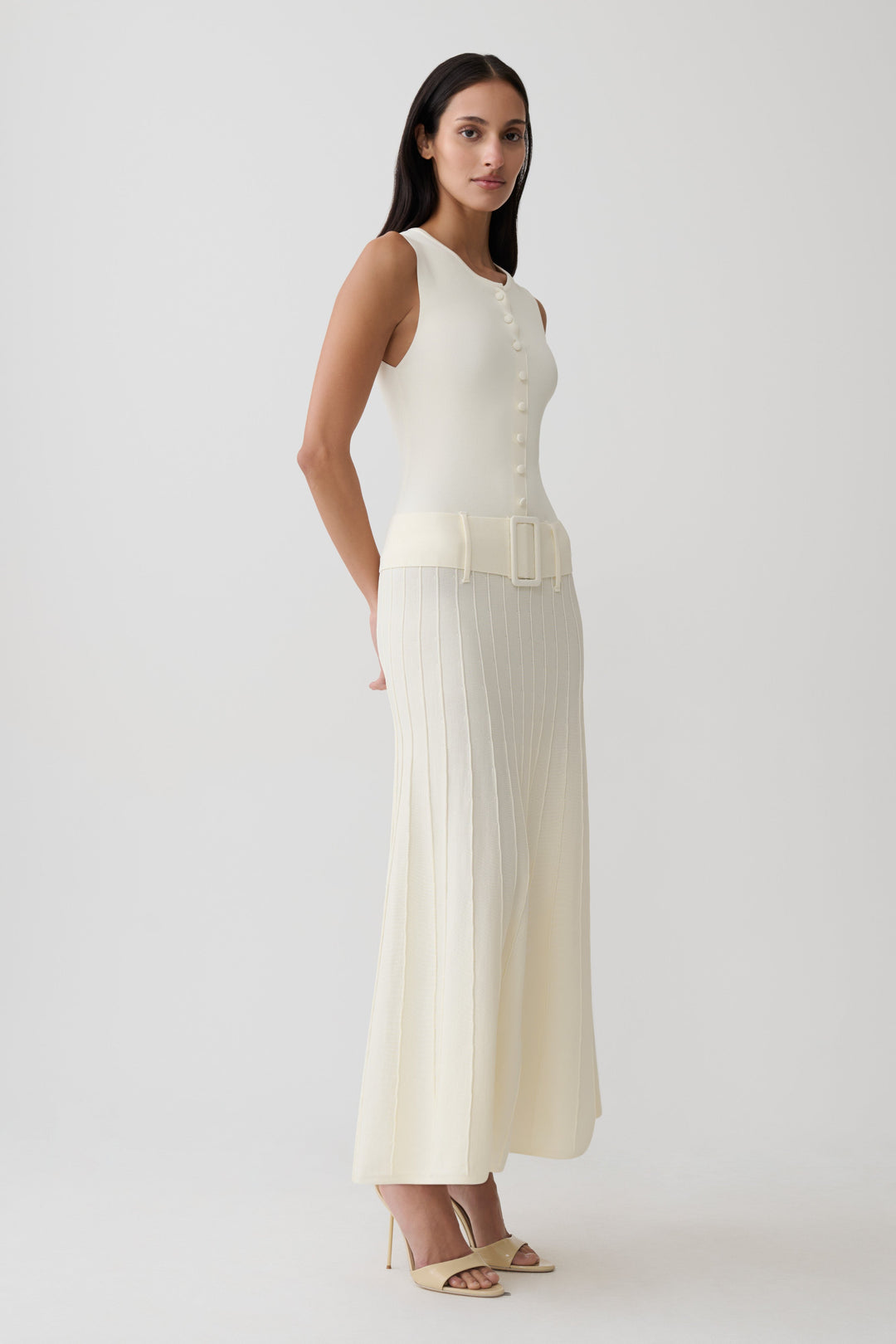 Glamcroft Midi Dress with Pleated Skirt and Boat Neck in Ivory