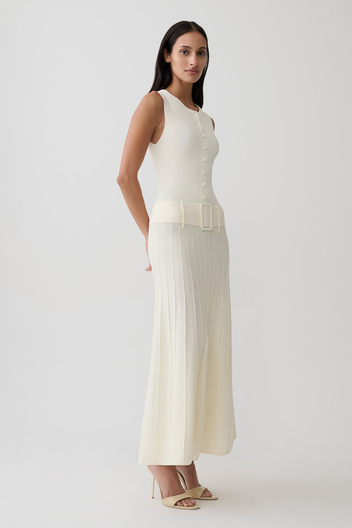 Glamcroft Midi Dress with Pleated Skirt and Boat Neck in Ivory