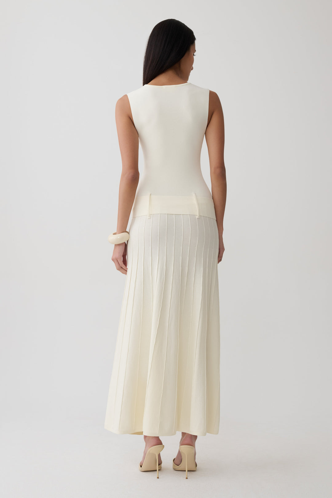 Glamcroft Midi Dress with Pleated Skirt and Boat Neck in Ivory