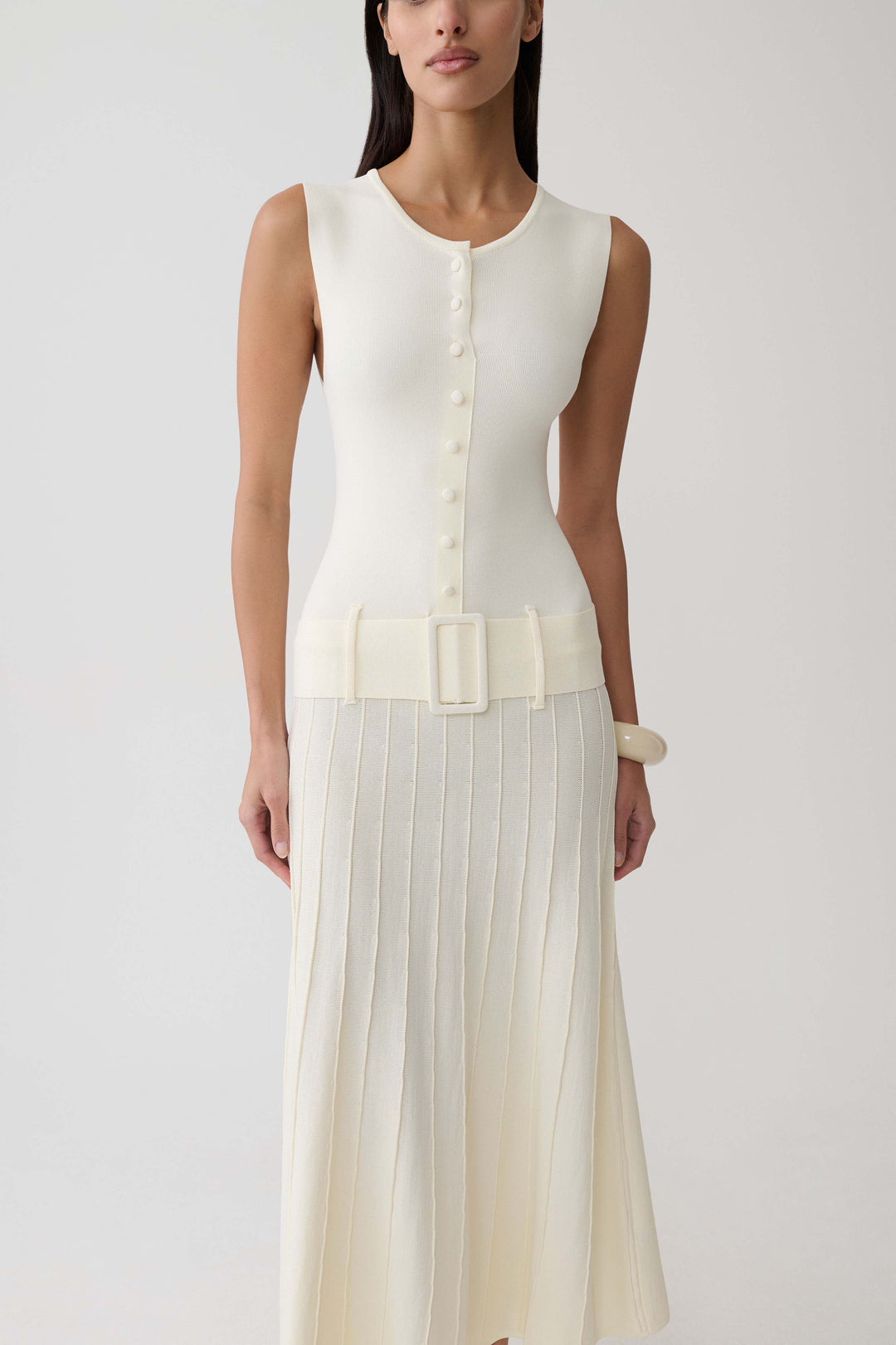Glamcroft Midi Dress with Pleated Skirt and Boat Neck in Ivory