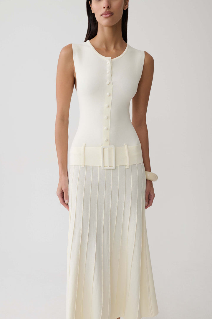 Glamcroft Midi Dress with Pleated Skirt and Boat Neck in Ivory